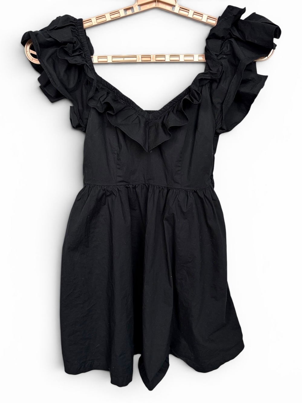 Hill House Black Ruffle Flutter Sleeve Mini Dress Sz M Smocked Back Pockets